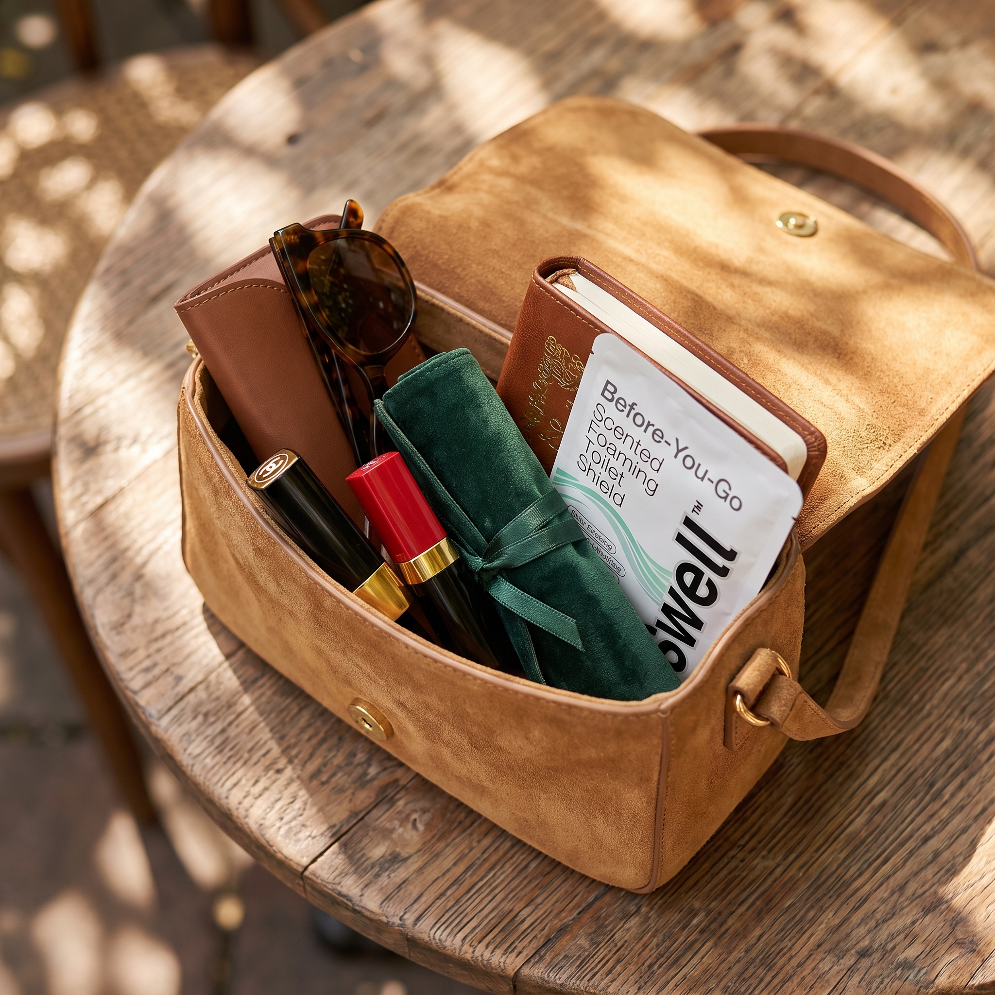 Open suede handbag with a Swell sachet peeking out beside everyday essentials
