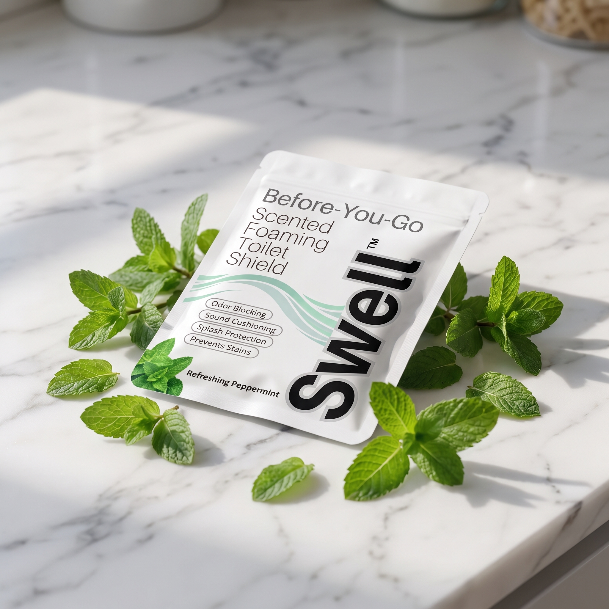 Swell peppermint sachet on a marble countertop with fresh mint